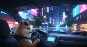 Imagem anime gerada por IA de um cão dirigindo um carro pelas ruas da cidade