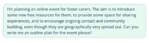 Screenshot of a prompt entered into the Quillbot online event planning generator