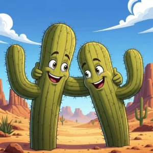 Cartoon illustration of two saguaro cacti leaning in for a hug with a desert background, generated by Quillbot's AI Illustration Generator