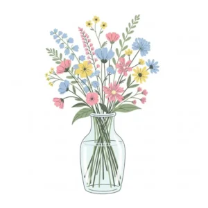 Flat vector illustration of a vase of pastel pink, yellow, and blue wildflowers from Quillbot's Illustration Generator