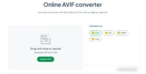 Screenshot of Quillbot's AVIF converter. The landing page is split into two panels. The left panel says "Drag and drop or upload" and has an "Upload AVIF" button. The right panel has buttons for JPEG, JPG, WEPB, or PNG and a button for "Convert to image."