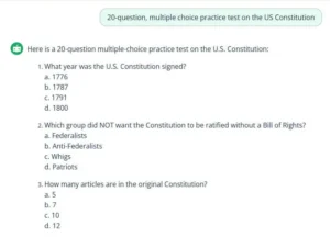 Practice test on the US Constitution from Quillbot's Test Generator