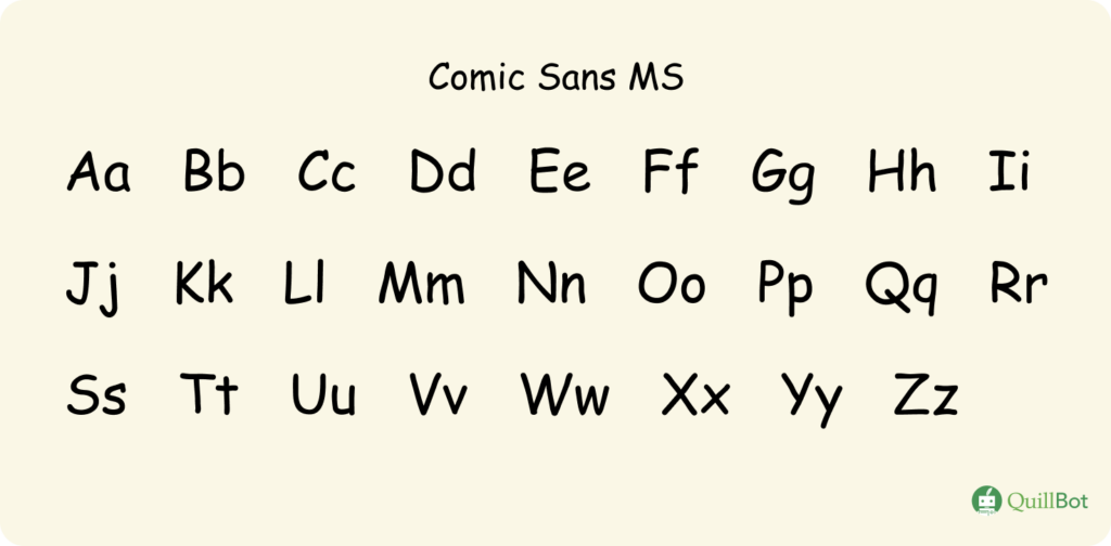 A imagem do alfabeto na fonte Comic Sans MS em caixa alta e caixa baixa.