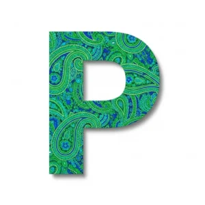 Capital P in a green and blue paisley pattern