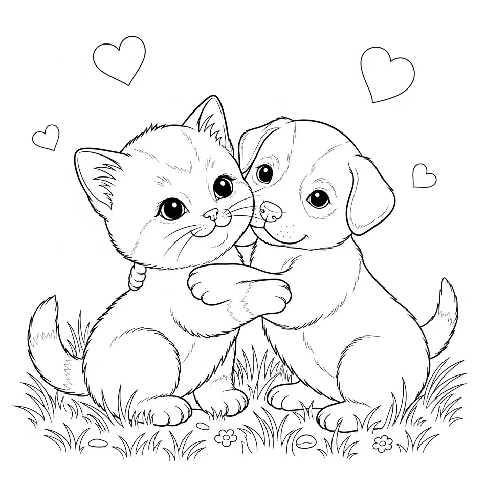 coloriage chat chien mignon