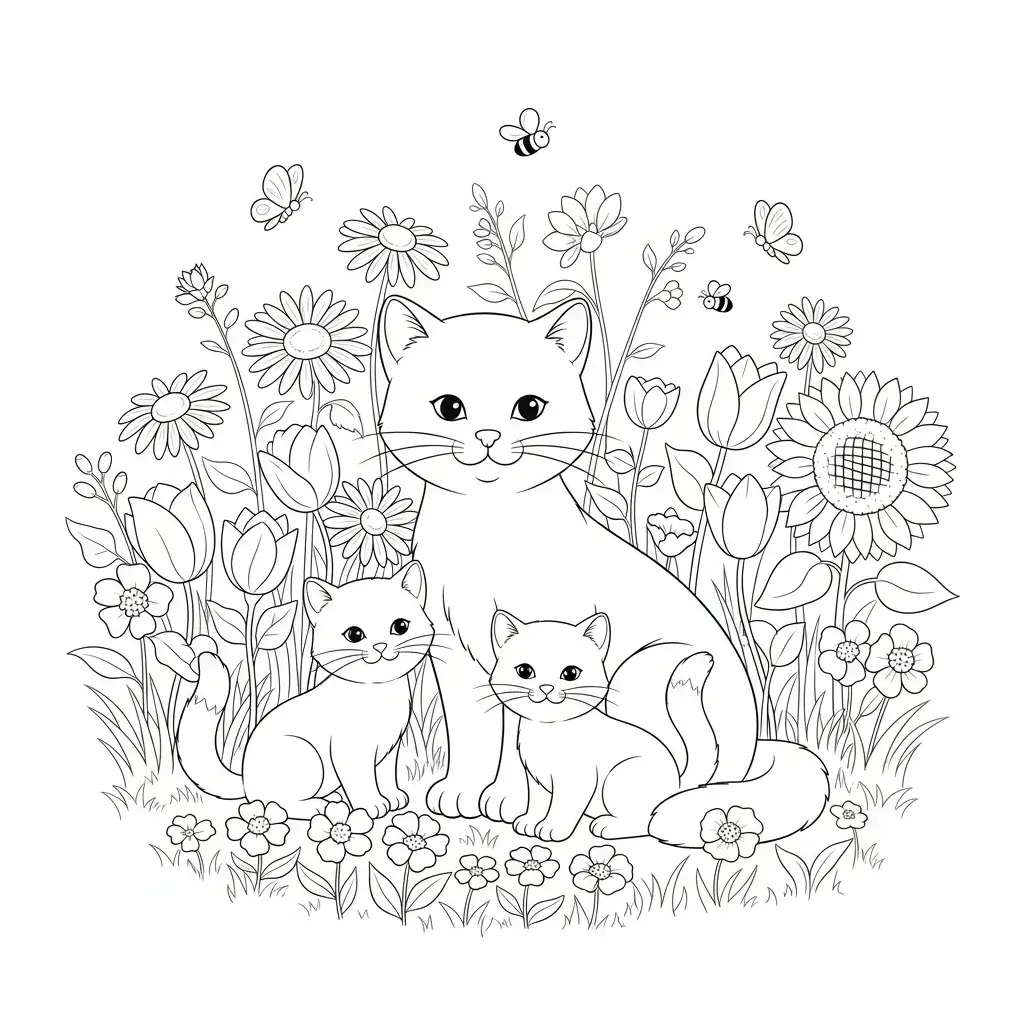 coloriage chat et fleurs