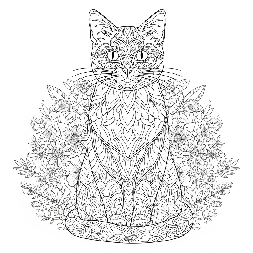 coloriage chat mandala fleurs