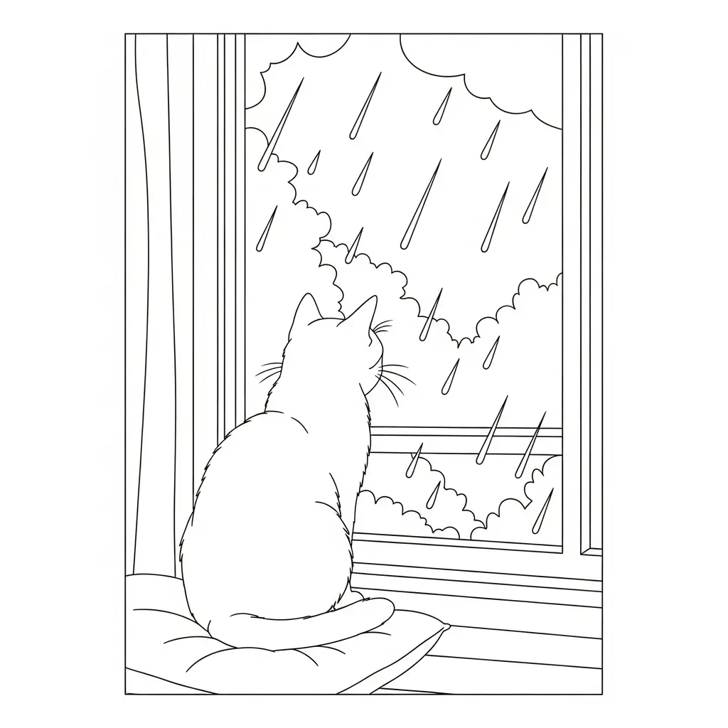 coloriage chat pluie