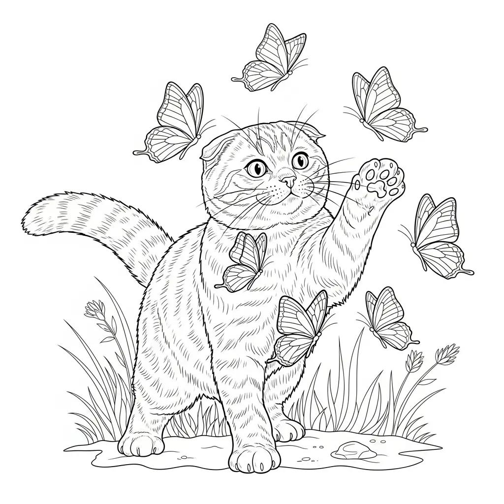 coloriage chat scottish fold papillons