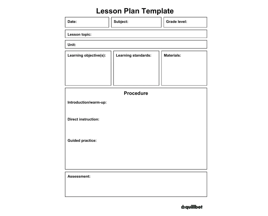 Screenshot of Quillbot's Lesson Plan Template which includes objectives, standards, materials, procedure, and assessment