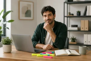 Highlighter pens added to an image of a man sitting in his home office.