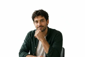 Man sitting in his home office with the background removed.