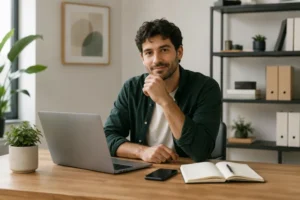 Photo of a man sitting in his home office with the coffee cup removed.